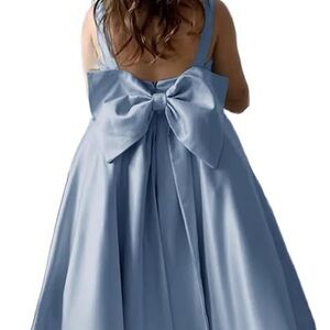 Girls' Dusty Blue Satin Bow-Back Party Dress